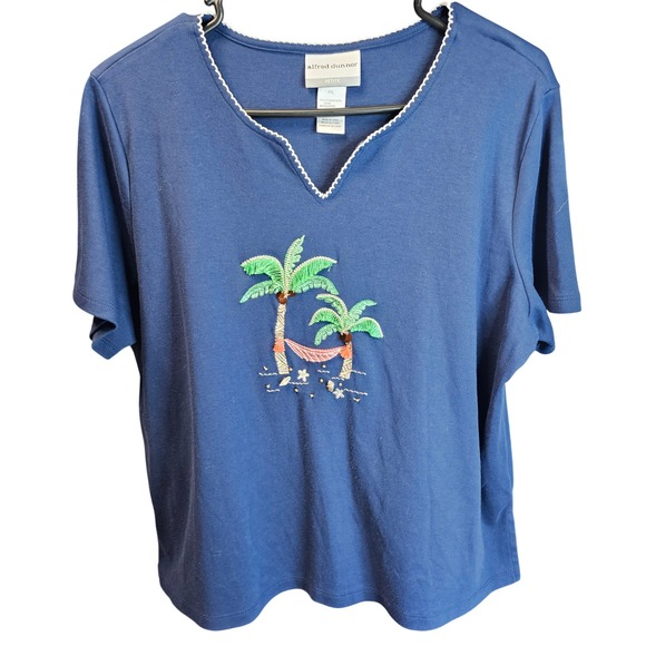 Alfred Dunner Tops - Alfred Dunner Petite XL Blue Tropical Palm Tree Embroidered Beaded Knit Top PXL